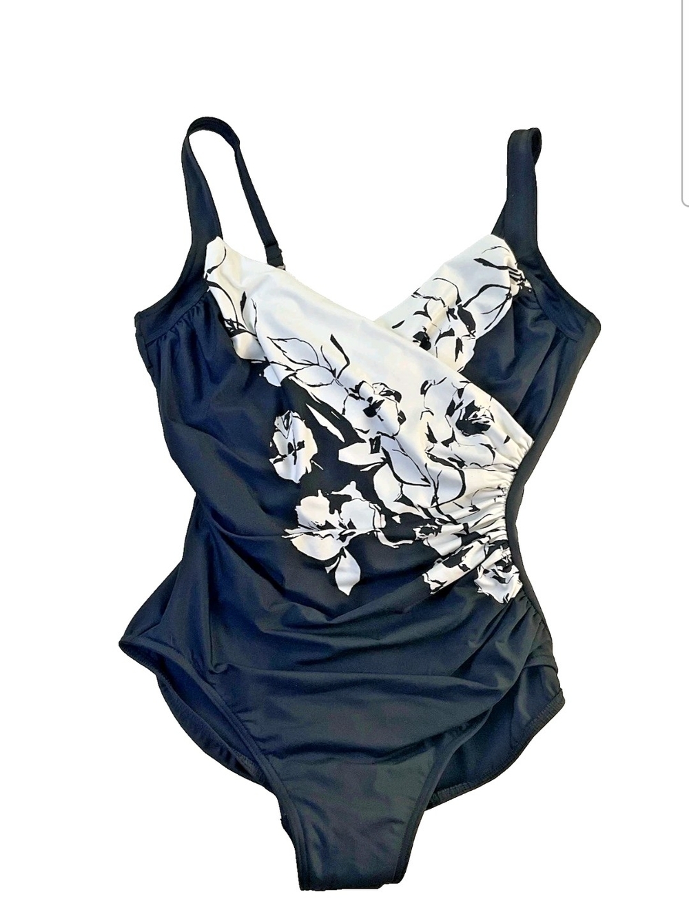 Miraclesuit Navy Blue One-Piece Swim Bodysuit with White Floral Accent